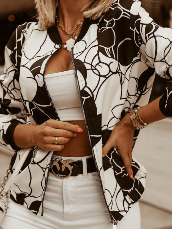 Women's Jackets Black And White Print Slim Long Sleeve Cropped Jacket - Coats & Jackets - INS | Online Fashion Free Shipping Clothing, Dresses, Tops, Shoes - 20-30 - 29/09/2021 - Coats & Jackets