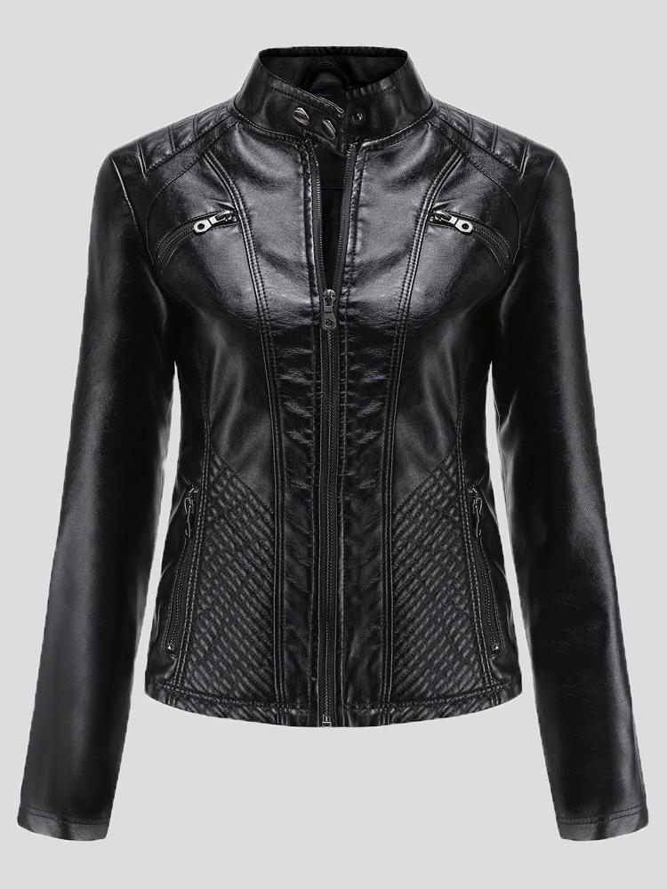 Women's Jackets Casual Stand-Collar Slim Solid Leather Jacket - Coats & Jackets - INS | Online Fashion Free Shipping Clothing, Dresses, Tops, Shoes - 26/08/2021 - Coats & Jackets - color-black