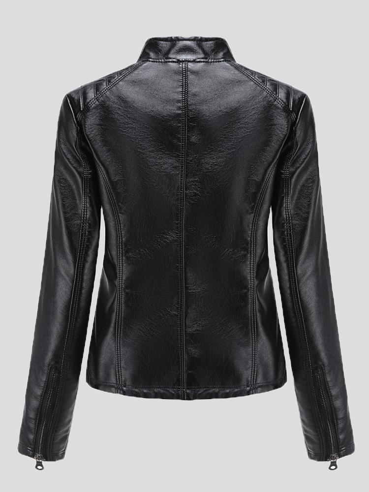 Women's Jackets Casual Stand-Collar Slim Solid Leather Jacket - Coats & Jackets - INS | Online Fashion Free Shipping Clothing, Dresses, Tops, Shoes - 26/08/2021 - Coats & Jackets - color-black