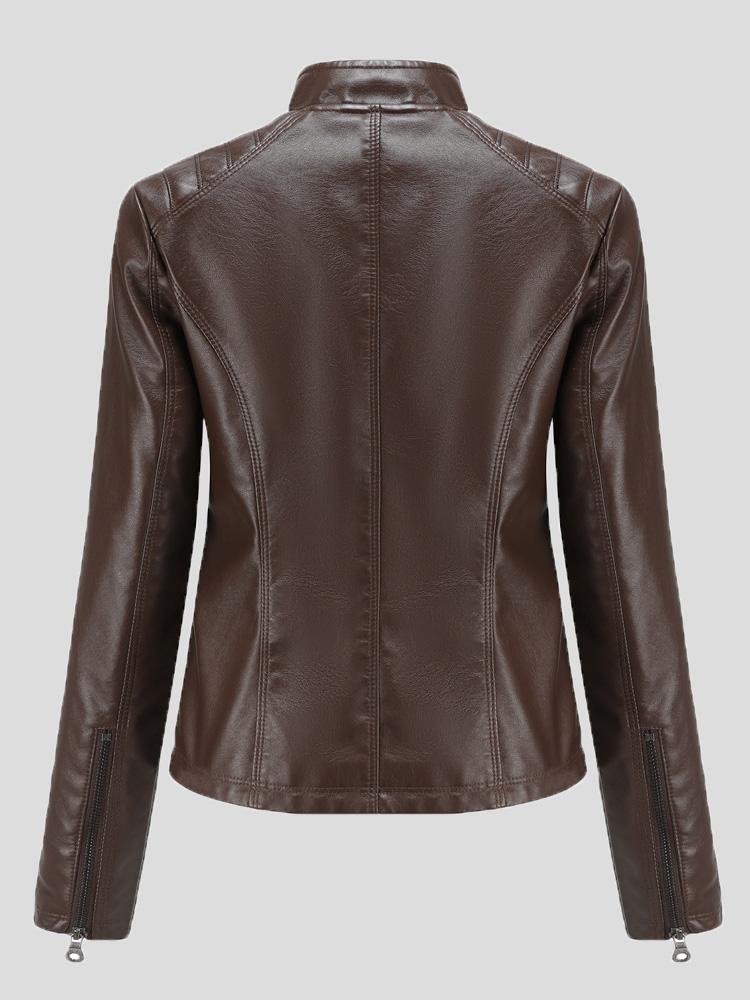 Women's Jackets Casual Stand-Collar Slim Solid Leather Jacket - Coats & Jackets - INS | Online Fashion Free Shipping Clothing, Dresses, Tops, Shoes - 26/08/2021 - Coats & Jackets - color-black
