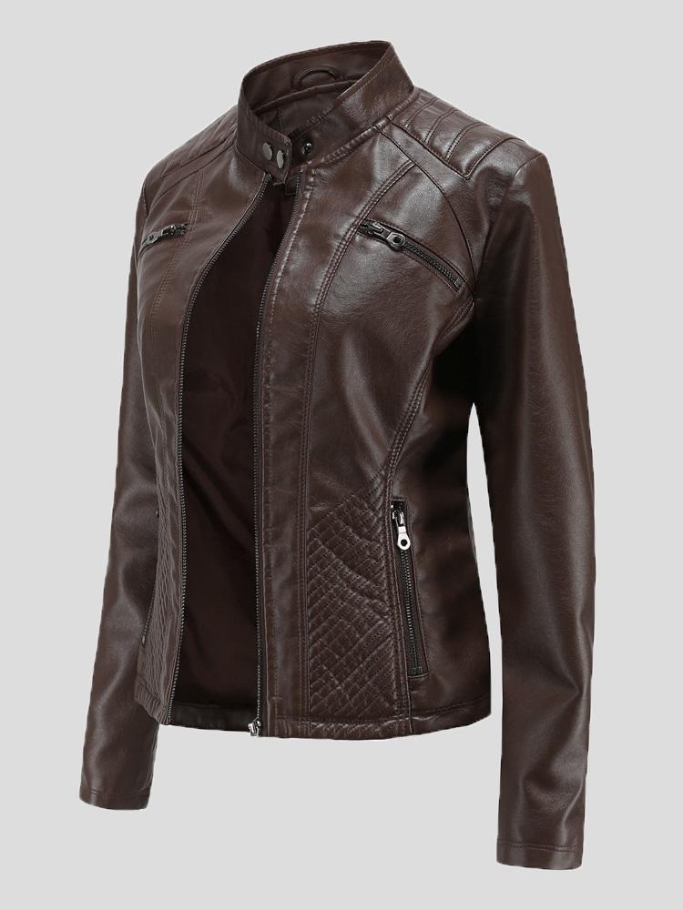 Women's Jackets Casual Stand-Collar Slim Solid Leather Jacket - Coats & Jackets - INS | Online Fashion Free Shipping Clothing, Dresses, Tops, Shoes - 26/08/2021 - Coats & Jackets - color-black