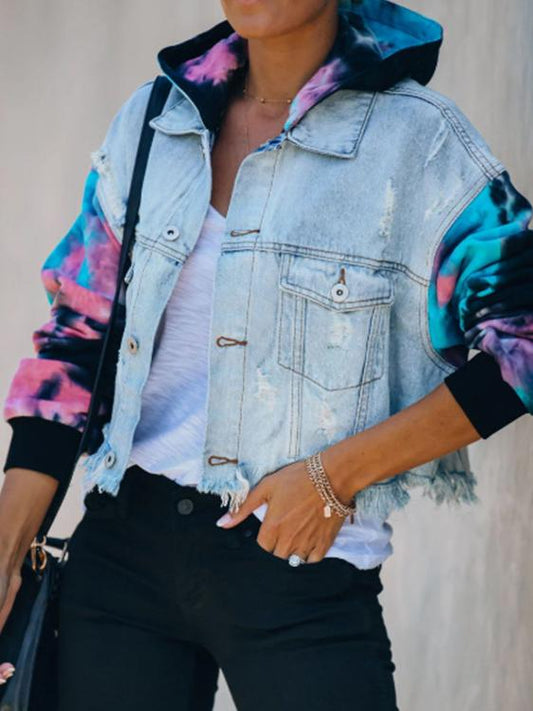 Women's Jackets Colorblock Tie-Dye Ripped Fringed Denim Jacket - Coats & Jackets - INS | Online Fashion Free Shipping Clothing, Dresses, Tops, Shoes - 30/09/2021 - Coats & Jackets - Color_Blue