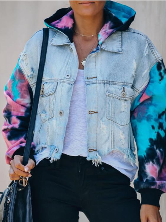 Women's Jackets Colorblock Tie-Dye Ripped Fringed Denim Jacket - Coats & Jackets - INS | Online Fashion Free Shipping Clothing, Dresses, Tops, Shoes - 30/09/2021 - Coats & Jackets - Color_Blue