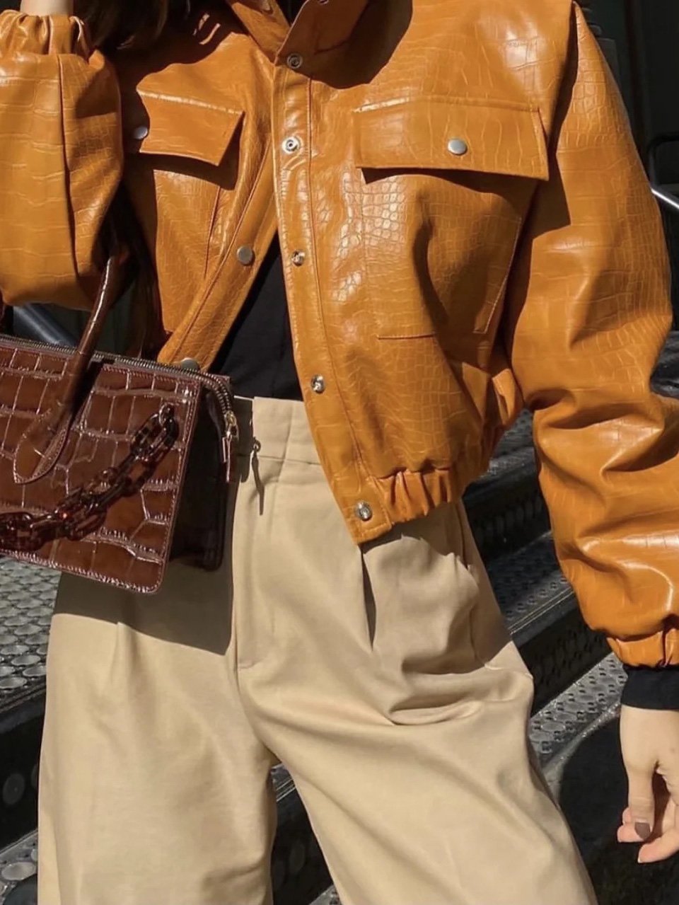 Women's Jackets Crocodile Pattern Button Pocket Short PU Leather Jacket - Coats & Jackets - INS | Online Fashion Free Shipping Clothing, Dresses, Tops, Shoes - 29/11/2021 - Coats & Jackets - color-black