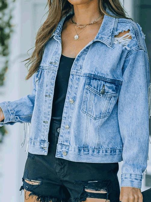 Women's Jackets Fashion Ripped Fringe Washed Lapel Denim Jacket - Coats & Jackets - INS | Online Fashion Free Shipping Clothing, Dresses, Tops, Shoes - 01/12/2021 - Coats & Jackets - color-blue