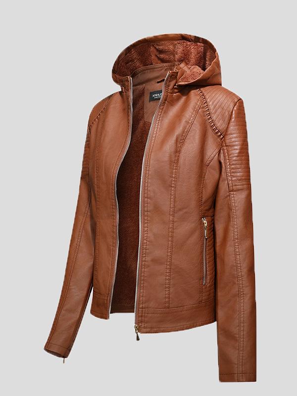 Women's Jackets Fleece Hooded Zipper Slim Leather Jacket - Coats & Jackets - INS | Online Fashion Free Shipping Clothing, Dresses, Tops, Shoes - 26/08/2021 - Coats & Jackets - color-black