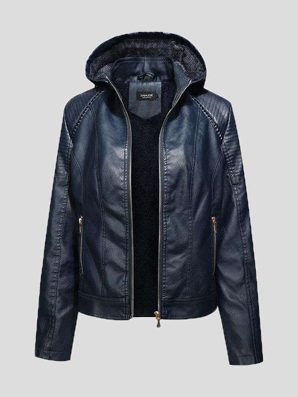 Women's Jackets Fleece Hooded Zipper Slim Leather Jacket - Coats & Jackets - INS | Online Fashion Free Shipping Clothing, Dresses, Tops, Shoes - 26/08/2021 - Coats & Jackets - color-black