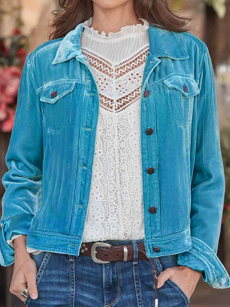 Women's Jackets Gold Velvet Button Pocket Cargo Jacket - Coats & Jackets - Instastyled | Online Fashion Free Shipping Clothing, Dresses, Tops, Shoes - 15/01/2022 - Coats & Jackets - color-blue