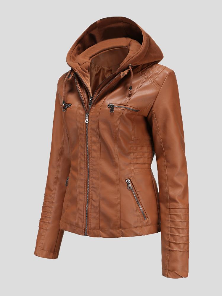 Women's Jackets Hooded Zipper Detachable Pu Leather Jacket - Coats & Jackets - INS | Online Fashion Free Shipping Clothing, Dresses, Tops, Shoes - 27/08/2021 - Coats & Jackets - color-apricot