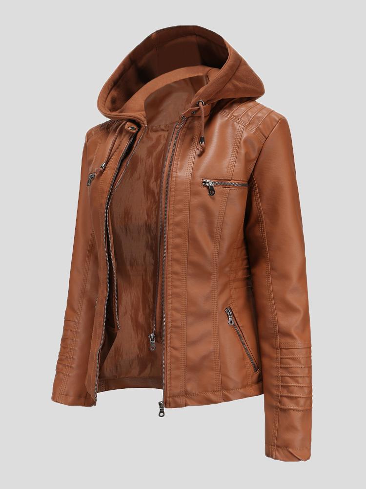 Women's Jackets Hooded Zipper Detachable Pu Leather Jacket - Coats & Jackets - INS | Online Fashion Free Shipping Clothing, Dresses, Tops, Shoes - 27/08/2021 - Coats & Jackets - color-apricot
