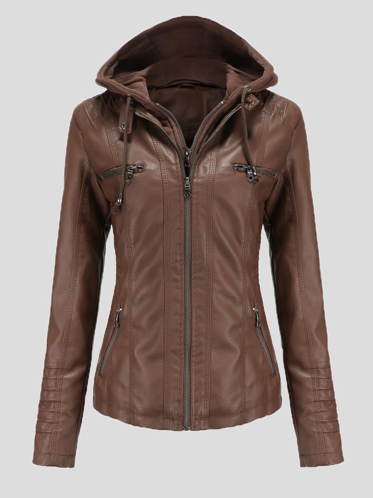 Women's Jackets Hooded Zipper Detachable Pu Leather Jacket - Coats & Jackets - INS | Online Fashion Free Shipping Clothing, Dresses, Tops, Shoes - 27/08/2021 - Coats & Jackets - color-apricot