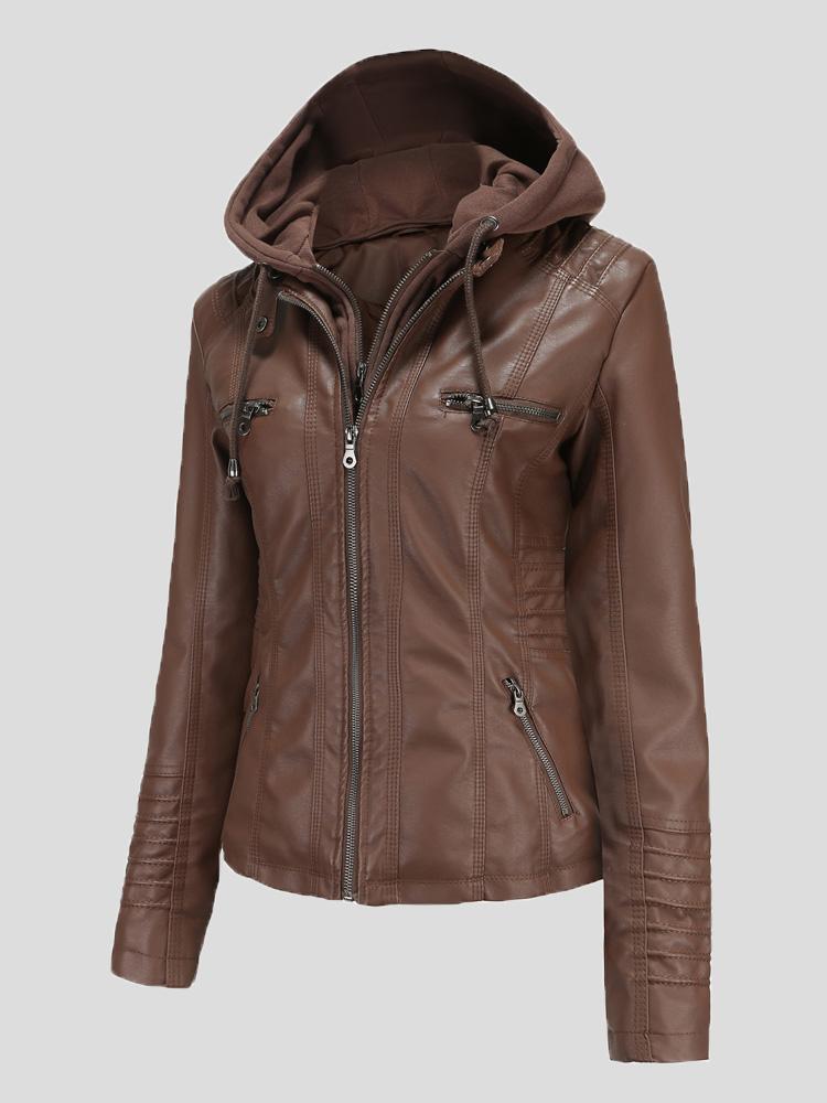 Women's Jackets Hooded Zipper Detachable Pu Leather Jacket - Coats & Jackets - INS | Online Fashion Free Shipping Clothing, Dresses, Tops, Shoes - 27/08/2021 - Coats & Jackets - color-apricot
