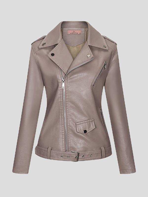 Women's Jackets Lapel Slim Zipper Temperament Pu Leather Jacket - Coats & Jackets - INS | Online Fashion Free Shipping Clothing, Dresses, Tops, Shoes - 08/27/2021 - Coats & Jackets - color-apricot