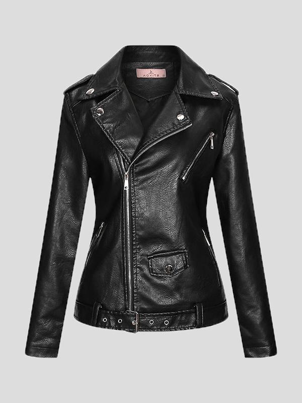 Women's Jackets Lapel Slim Zipper Temperament Pu Leather Jacket - Coats & Jackets - INS | Online Fashion Free Shipping Clothing, Dresses, Tops, Shoes - 08/27/2021 - Coats & Jackets - color-apricot