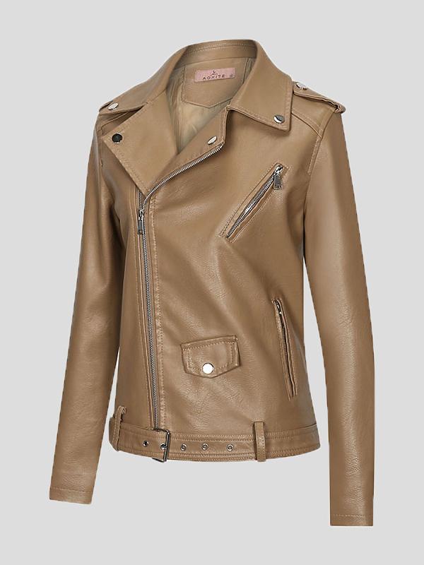 Women's Jackets Lapel Slim Zipper Temperament Pu Leather Jacket - Coats & Jackets - INS | Online Fashion Free Shipping Clothing, Dresses, Tops, Shoes - 08/27/2021 - Coats & Jackets - color-apricot