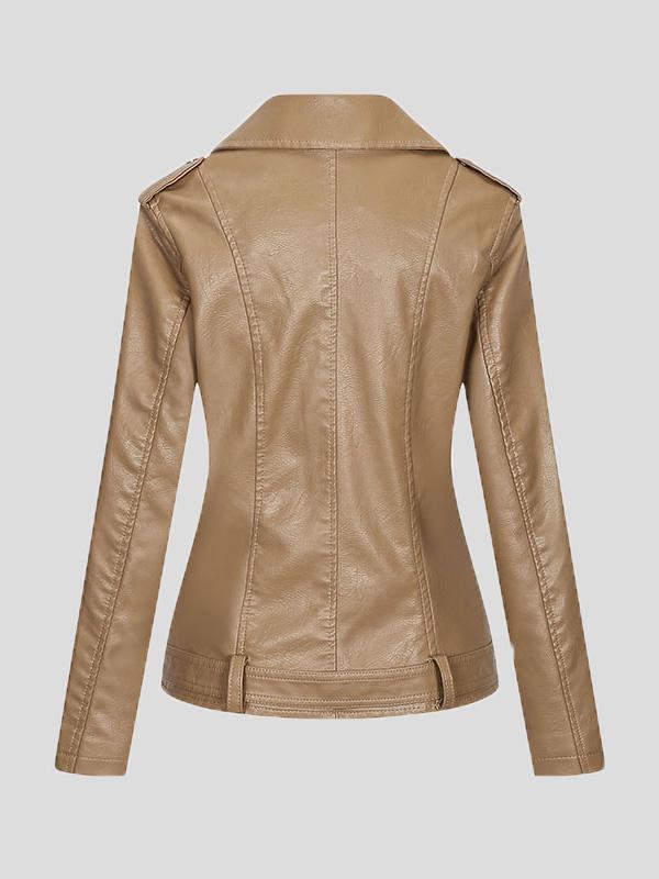 Women's Jackets Lapel Slim Zipper Temperament Pu Leather Jacket - Coats & Jackets - INS | Online Fashion Free Shipping Clothing, Dresses, Tops, Shoes - 08/27/2021 - Coats & Jackets - color-apricot