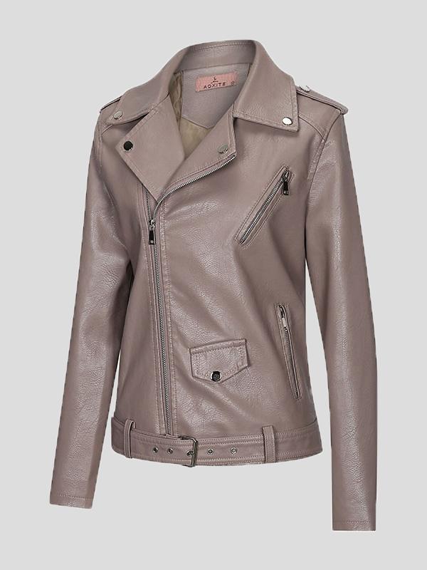 Women's Jackets Lapel Slim Zipper Temperament Pu Leather Jacket - Coats & Jackets - INS | Online Fashion Free Shipping Clothing, Dresses, Tops, Shoes - 08/27/2021 - Coats & Jackets - color-apricot