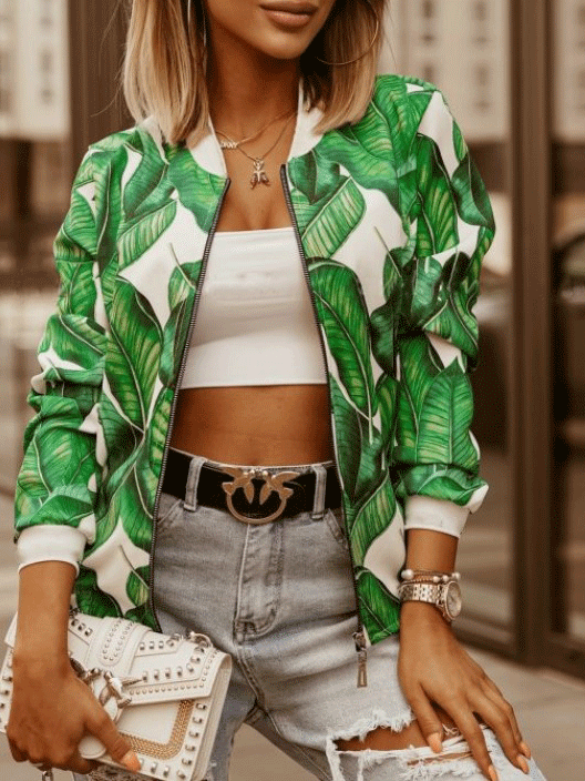Women's Jackets Leaf Print Slim Long Sleeve Cropped Jacket - Coats & Jackets - INS | Online Fashion Free Shipping Clothing, Dresses, Tops, Shoes - 20-30 - 29/09/2021 - Coats & Jackets