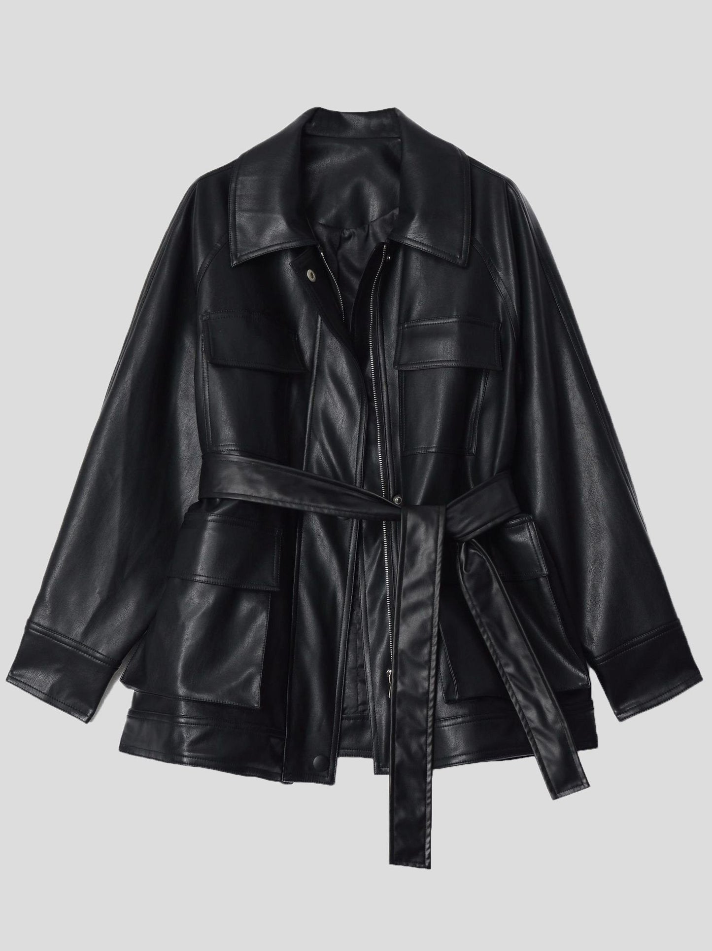 Women's Jackets Loose Retro Pocket Belt PU Leather Jacket - Coats & Jackets - INS | Online Fashion Free Shipping Clothing, Dresses, Tops, Shoes - 29/11/2021 - Coats & Jackets - color-black