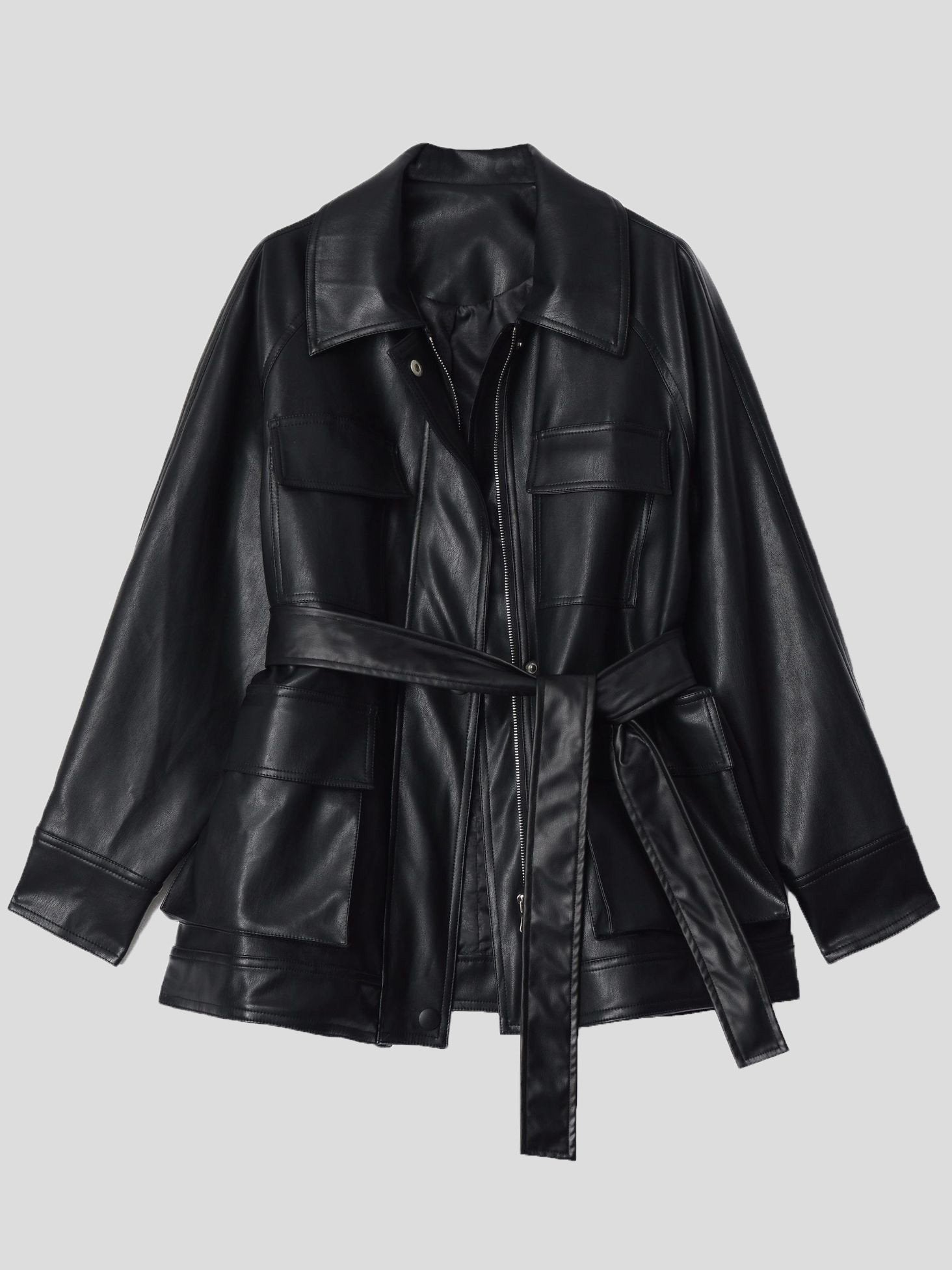 Women's Jackets Loose Retro Pocket Belt PU Leather Jacket - Coats & Jackets - INS | Online Fashion Free Shipping Clothing, Dresses, Tops, Shoes - 29/11/2021 - Coats & Jackets - color-black