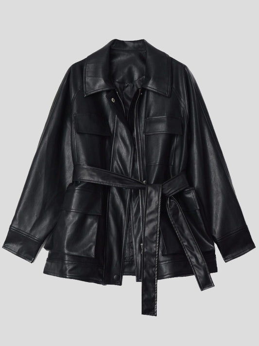 Women's Jackets Loose Retro Pocket Belt PU Leather Jacket - Coats & Jackets - INS | Online Fashion Free Shipping Clothing, Dresses, Tops, Shoes - 29/11/2021 - Coats & Jackets - color-black
