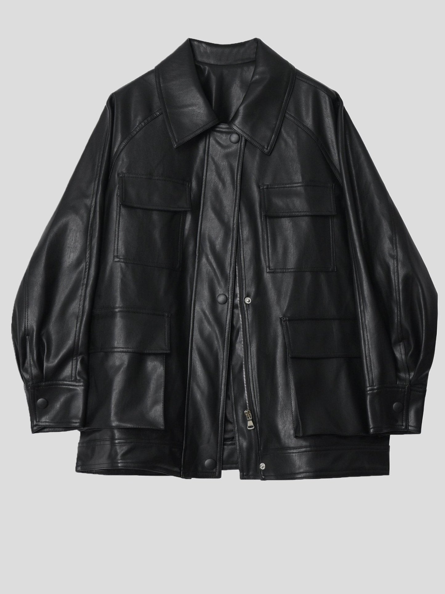 Women's Jackets Loose Retro Pocket Belt PU Leather Jacket - Coats & Jackets - INS | Online Fashion Free Shipping Clothing, Dresses, Tops, Shoes - 29/11/2021 - Coats & Jackets - color-black