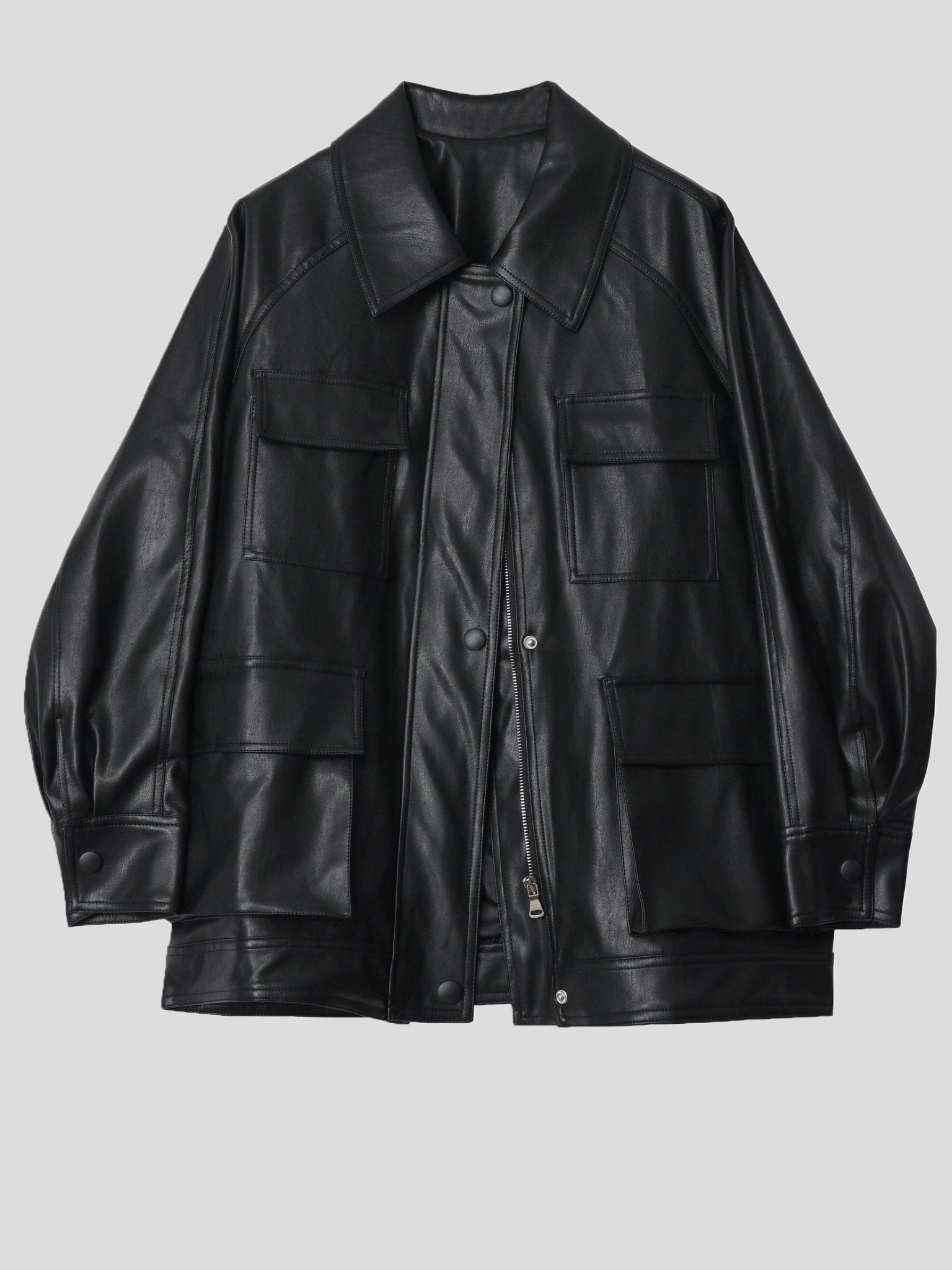 Women's Jackets Loose Retro Pocket Belt PU Leather Jacket - Coats & Jackets - INS | Online Fashion Free Shipping Clothing, Dresses, Tops, Shoes - 29/11/2021 - Coats & Jackets - color-black