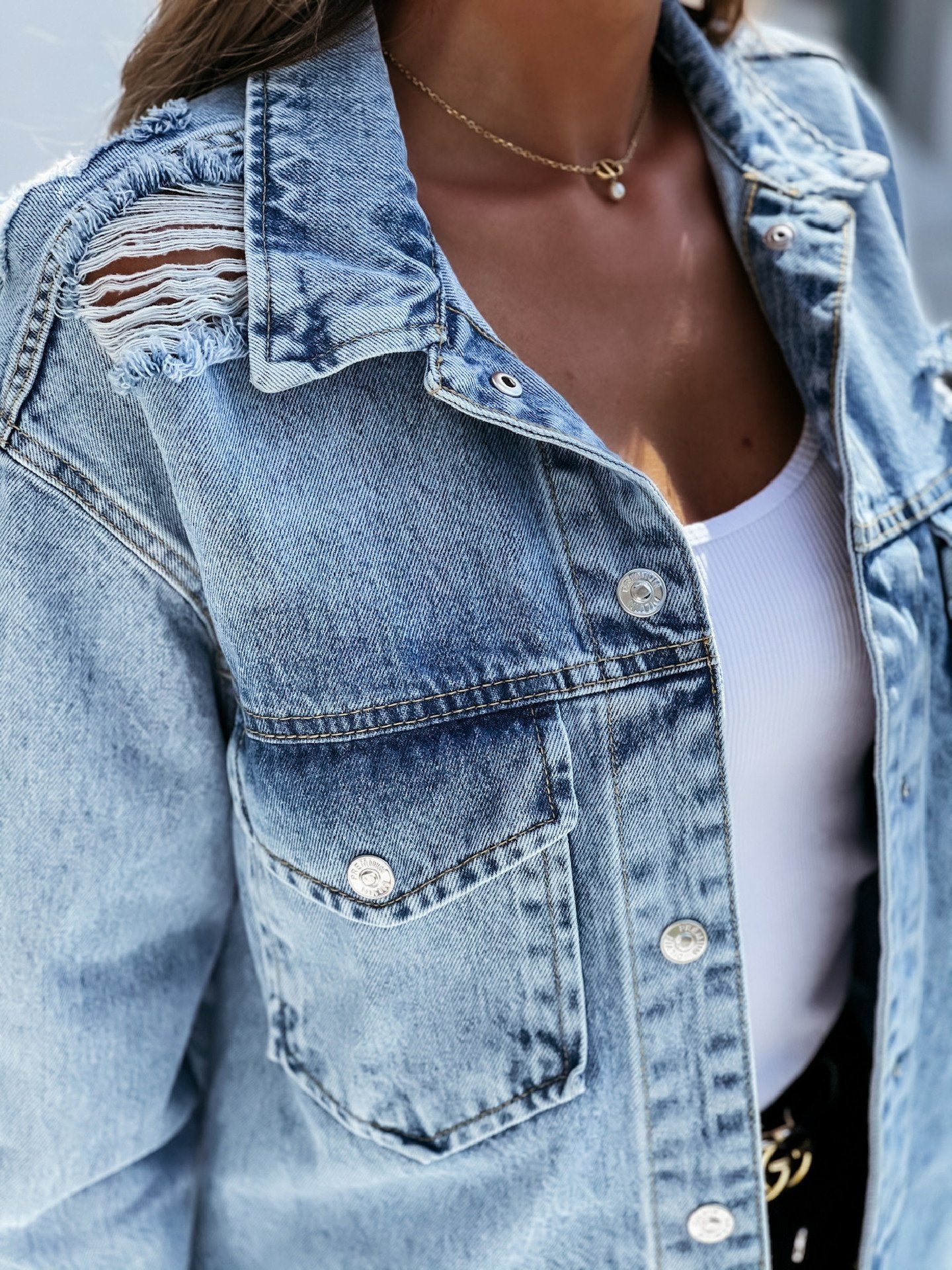 Women's Jackets Loose Washed Hole Long Sleeve Denim Jacket - Coats & Jackets - INS | Online Fashion Free Shipping Clothing, Dresses, Tops, Shoes - 01/12/2021 - 40-50 - Coats & Jackets