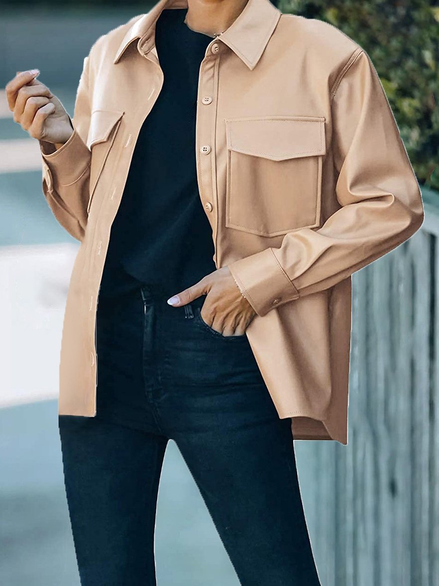 Women's Jackets Pocket Button Long Sleeve Leather Jacket - Coats & Jackets - INS | Online Fashion Free Shipping Clothing, Dresses, Tops, Shoes - 15/11/2021 - Coats & Jackets - Color_Apricot