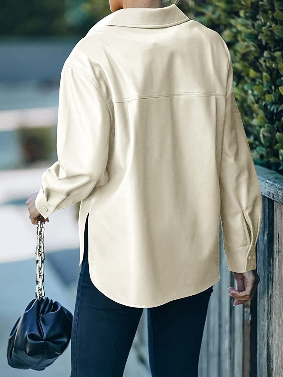 Women's Jackets Pocket Button Long Sleeve Leather Jacket - Coats & Jackets - INS | Online Fashion Free Shipping Clothing, Dresses, Tops, Shoes - 15/11/2021 - Coats & Jackets - Color_Apricot