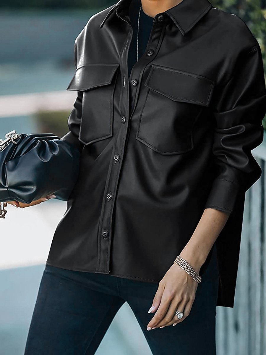 Women's Jackets Pocket Button Long Sleeve Leather Jacket - Coats & Jackets - INS | Online Fashion Free Shipping Clothing, Dresses, Tops, Shoes - 15/11/2021 - Coats & Jackets - Color_Apricot