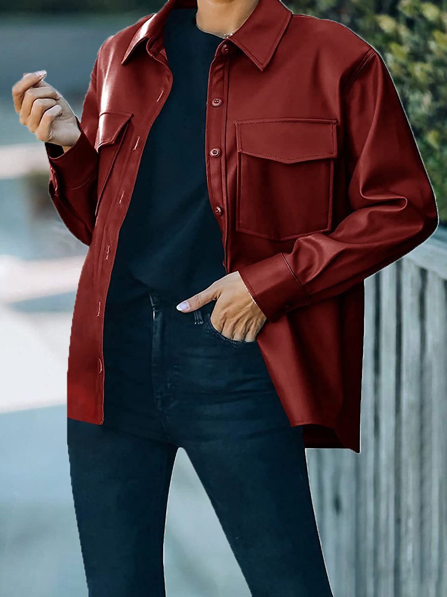 Women's Jackets Pocket Button Long Sleeve Leather Jacket - Coats & Jackets - INS | Online Fashion Free Shipping Clothing, Dresses, Tops, Shoes - 15/11/2021 - Coats & Jackets - Color_Apricot