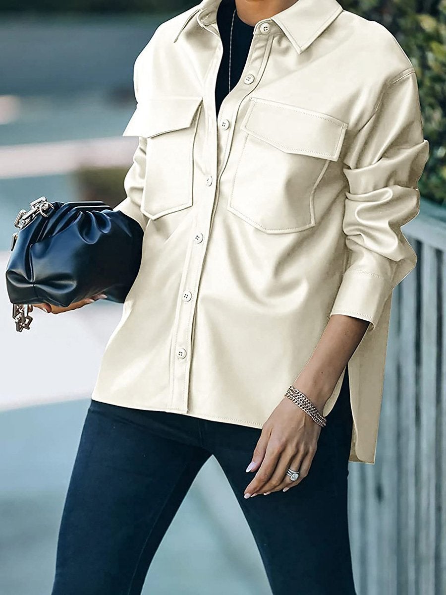 Women's Jackets Pocket Button Long Sleeve Leather Jacket - Coats & Jackets - INS | Online Fashion Free Shipping Clothing, Dresses, Tops, Shoes - 15/11/2021 - Coats & Jackets - Color_Apricot