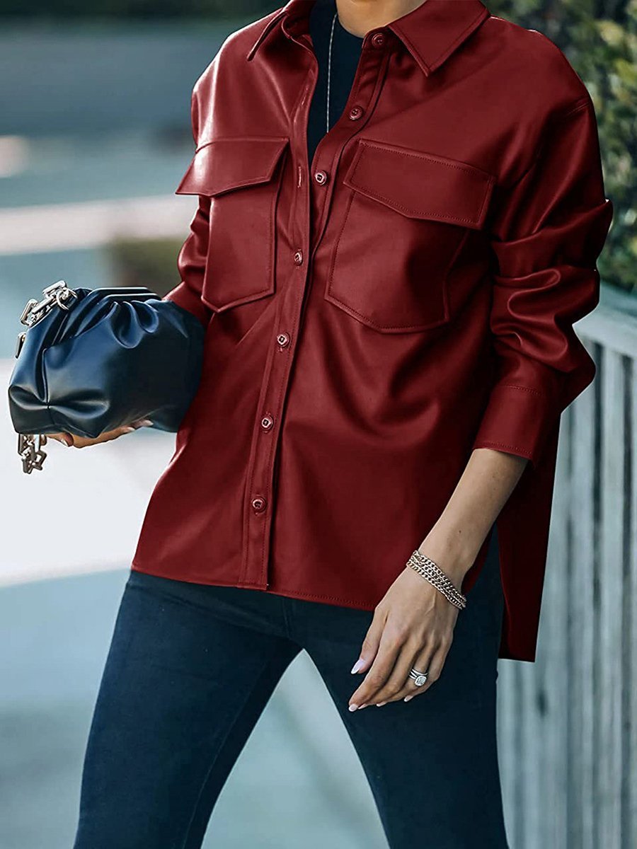 Women's Jackets Pocket Button Long Sleeve Leather Jacket - Coats & Jackets - INS | Online Fashion Free Shipping Clothing, Dresses, Tops, Shoes - 15/11/2021 - Coats & Jackets - Color_Apricot