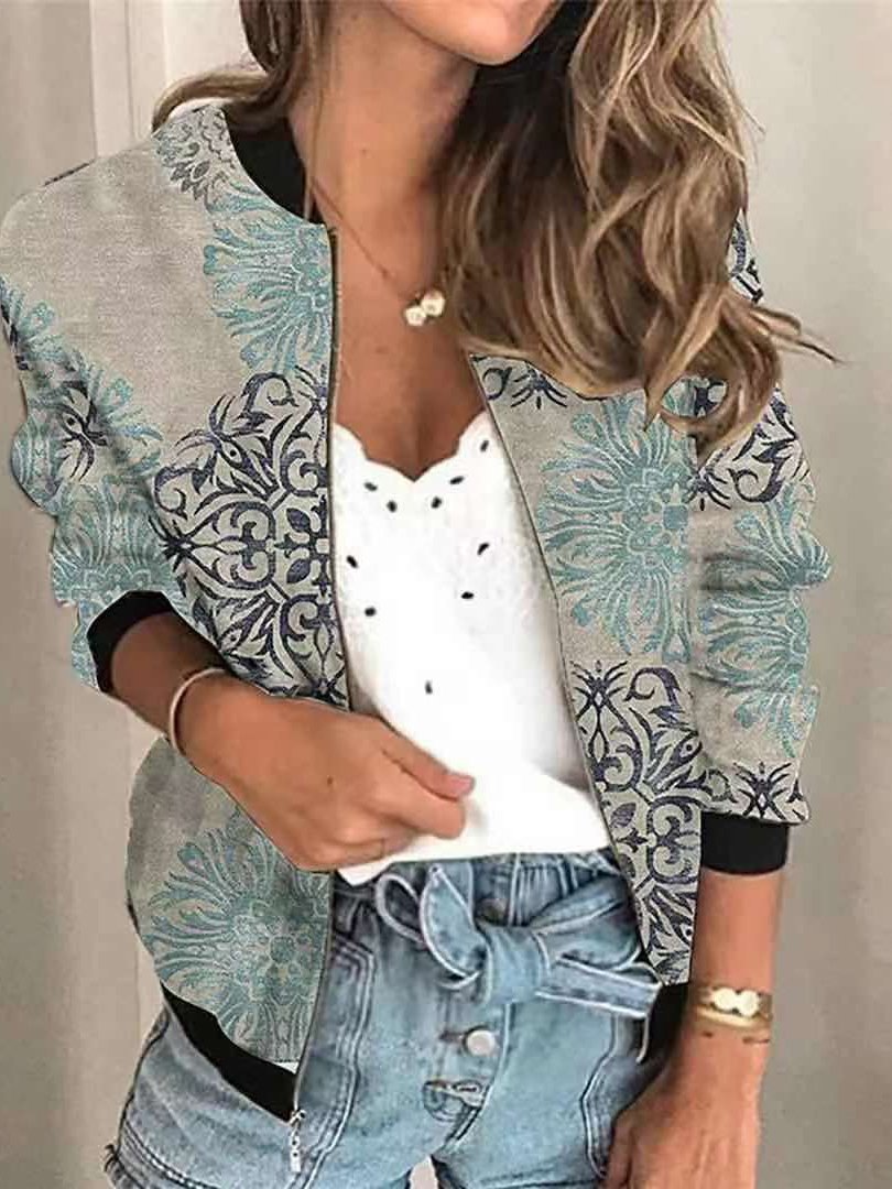 Women's Jackets Retro Print Zipped Long Sleeve Jacket - Coats & Jackets - INS | Online Fashion Free Shipping Clothing, Dresses, Tops, Shoes - 20-30 - 27/10/2021 - Coats & Jackets