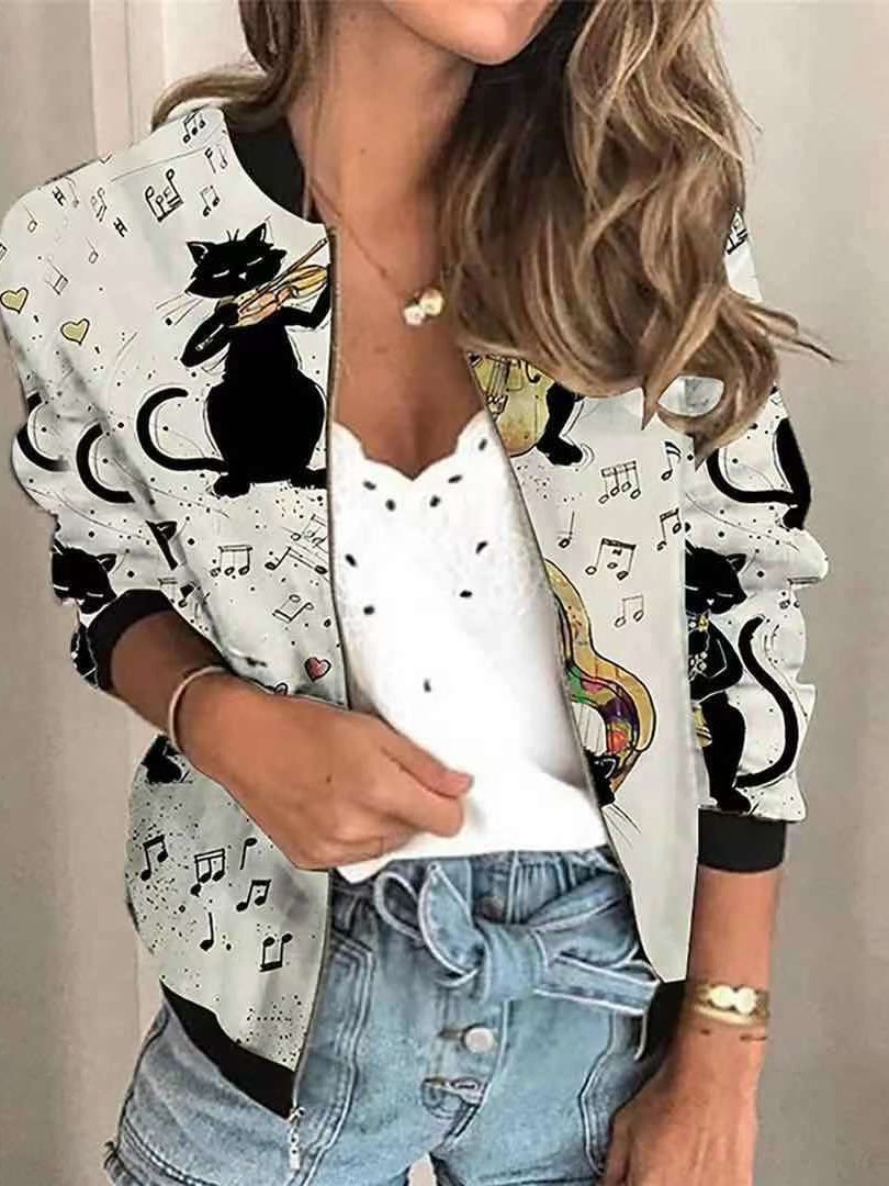 Women's Jackets Retro Print Zipped Long Sleeve Jacket - Coats & Jackets - INS | Online Fashion Free Shipping Clothing, Dresses, Tops, Shoes - 20-30 - 27/10/2021 - Coats & Jackets