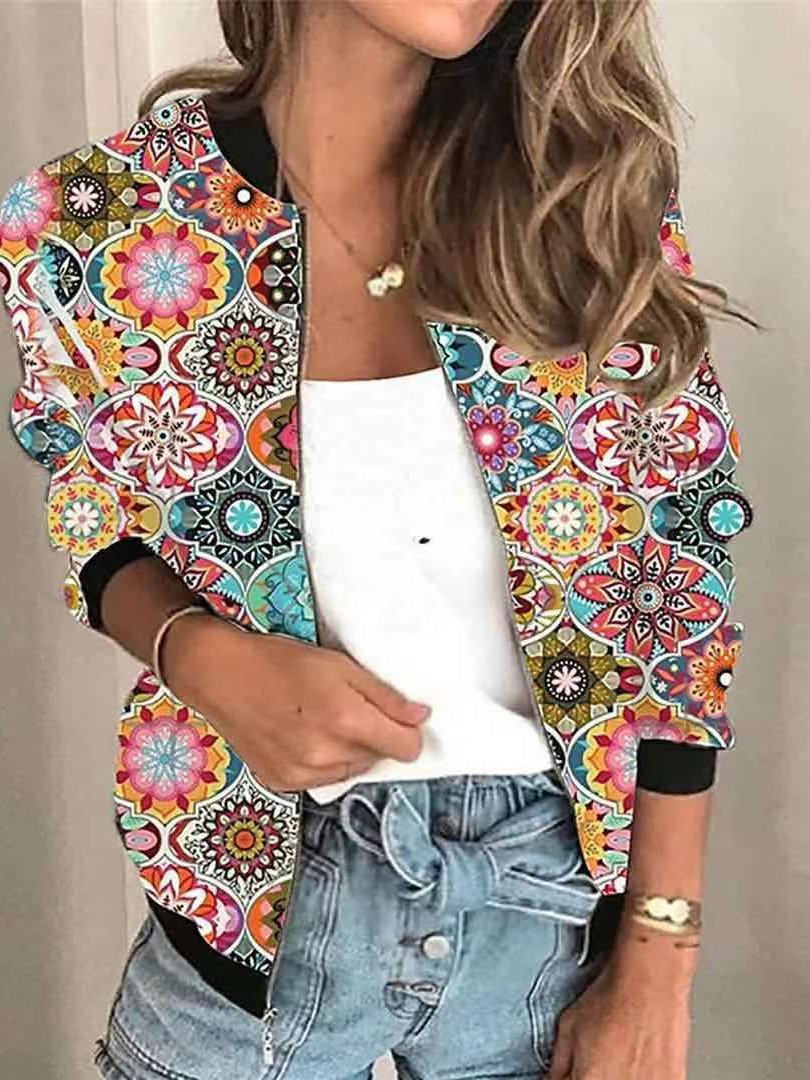 Women's Jackets Retro Print Zipped Long Sleeve Jacket - Coats & Jackets - INS | Online Fashion Free Shipping Clothing, Dresses, Tops, Shoes - 20-30 - 27/10/2021 - Coats & Jackets