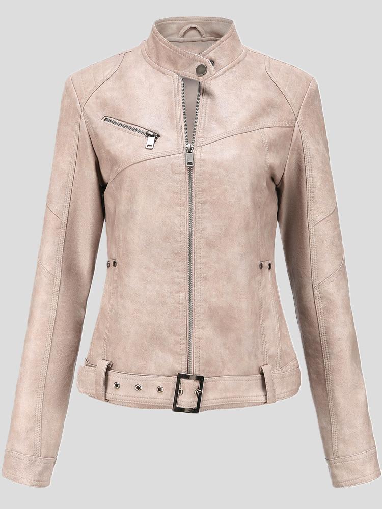 Women's Jackets Stand-Up Collar Slim Belt Leather Jacket - Coats & Jackets - INS | Online Fashion Free Shipping Clothing, Dresses, Tops, Shoes - 29/11/2021 - Coats & Jackets - color-black_gray