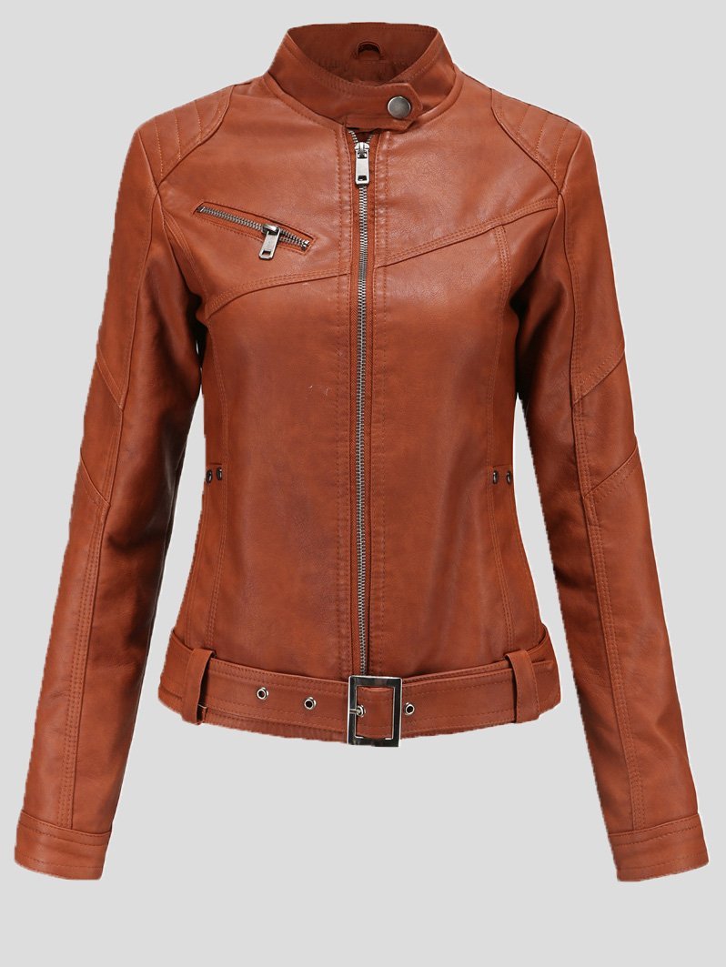 Women's Jackets Stand-Up Collar Slim Belt Leather Jacket - Coats & Jackets - INS | Online Fashion Free Shipping Clothing, Dresses, Tops, Shoes - 29/11/2021 - Coats & Jackets - color-black_gray