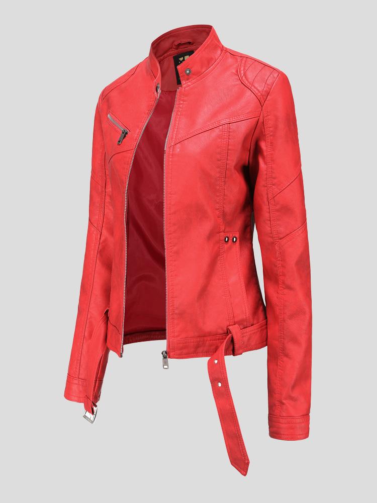 Women's Jackets Stand-Up Collar Slim Belt Leather Jacket - Coats & Jackets - INS | Online Fashion Free Shipping Clothing, Dresses, Tops, Shoes - 29/11/2021 - Coats & Jackets - color-black_gray