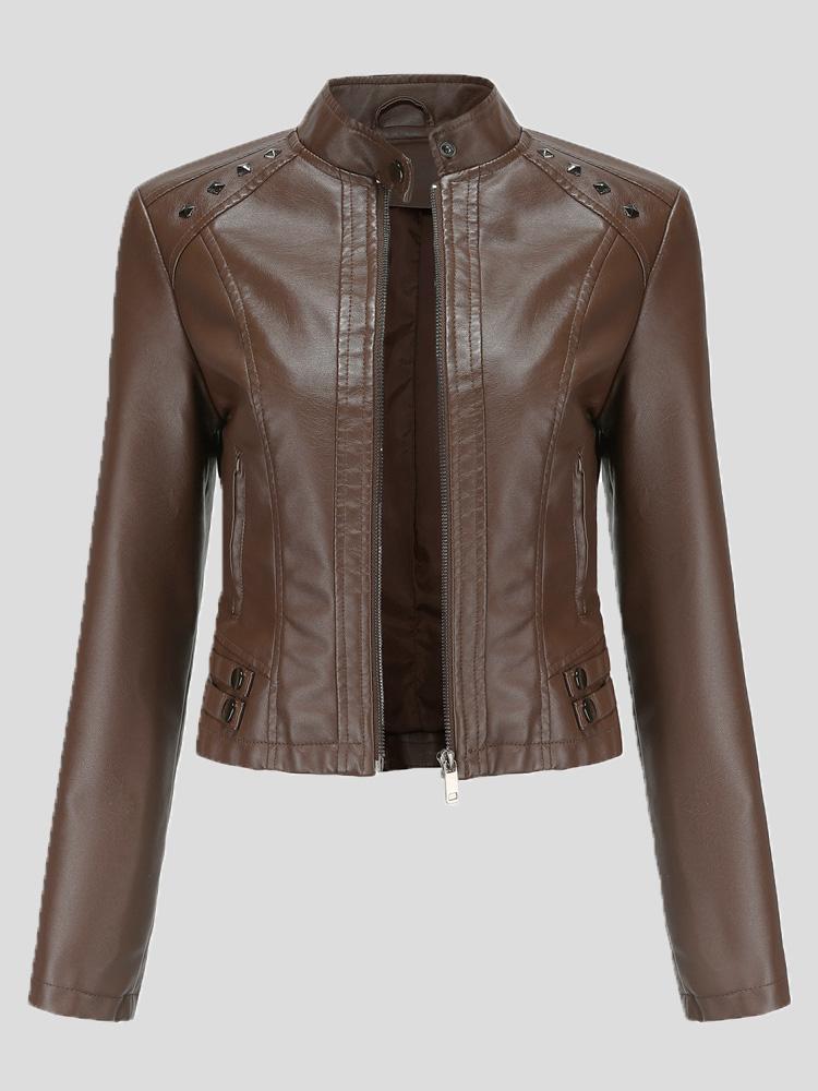 Women's Jackets Studded Stand Collar Long Sleeve Short Leather Jacket - Coats & Jackets - INS | Online Fashion Free Shipping Clothing, Dresses, Tops, Shoes - 29/11/2021 - Coats & Jackets - color-apricot