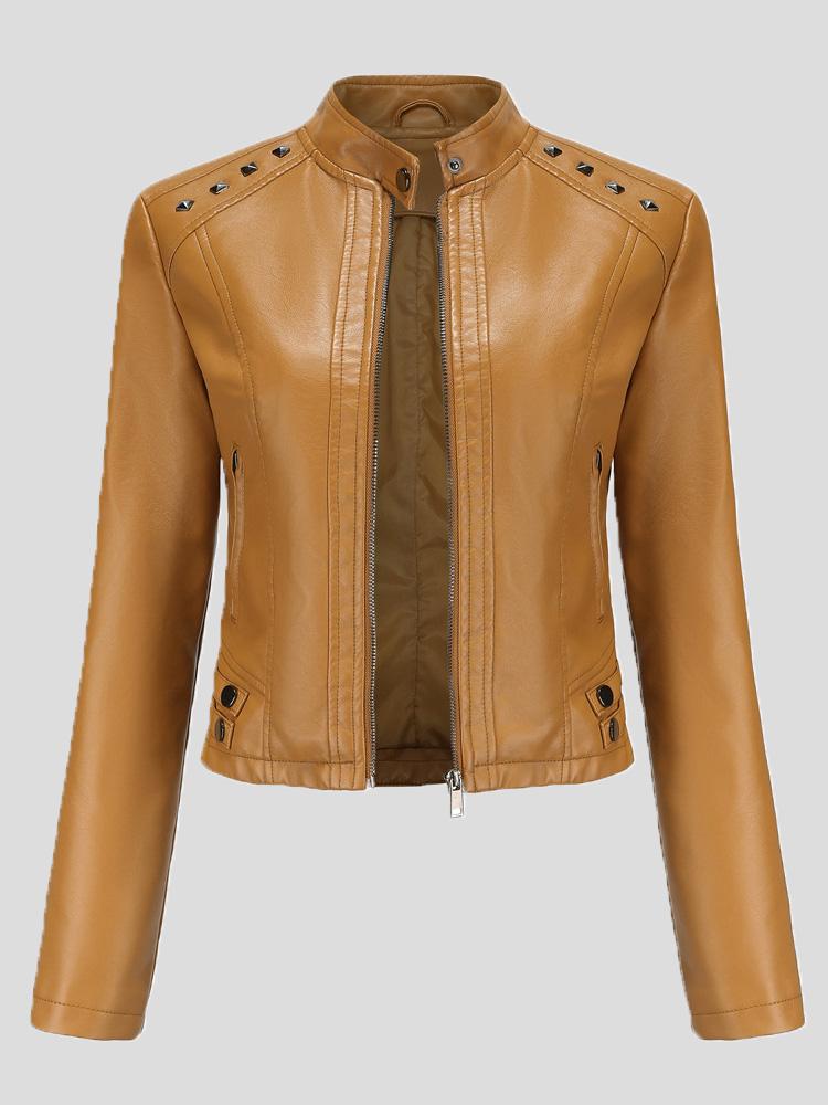 Women's Jackets Studded Stand Collar Long Sleeve Short Leather Jacket - Coats & Jackets - INS | Online Fashion Free Shipping Clothing, Dresses, Tops, Shoes - 29/11/2021 - Coats & Jackets - color-apricot