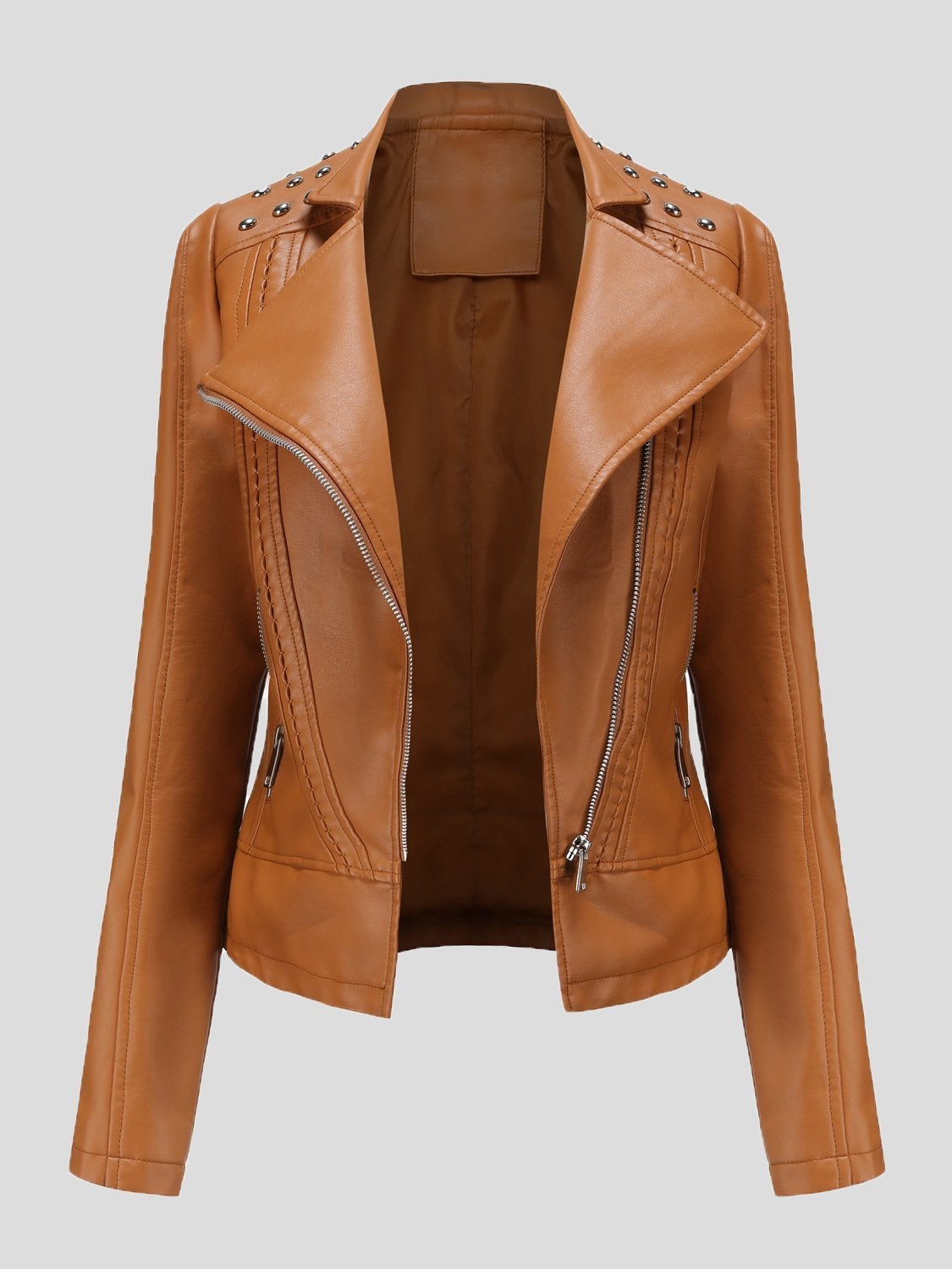 Women's Jackets Studded Zipper Lapel Leather Jacket - Coats & Jackets - INS | Online Fashion Free Shipping Clothing, Dresses, Tops, Shoes - 20/10/2021 - Coats & Jackets - color-beige
