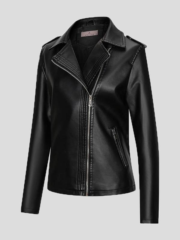 Women's Jackets Temperament Slim Zipper Lapel Pu Leather Jacket - Coats & Jackets - INS | Online Fashion Free Shipping Clothing, Dresses, Tops, Shoes - 26/08/2021 - Coats & Jackets - color-black