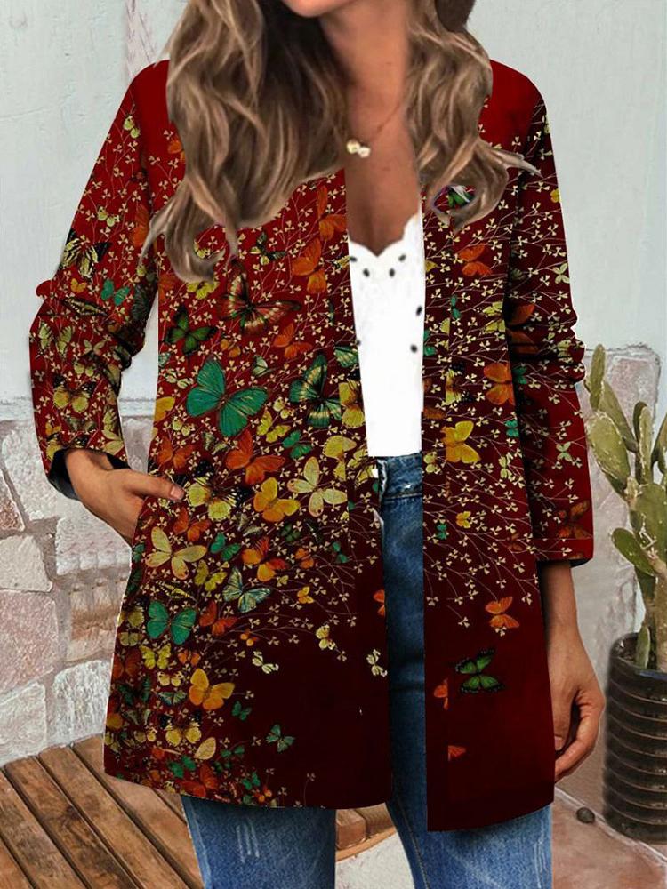 Women's Jackets Vintage Butterfly Leaf Print Long Sleeve Jacket - Coats & Jackets - INS | Online Fashion Free Shipping Clothing, Dresses, Tops, Shoes - 08/10/2021 - 30-40 - Coats & Jackets
