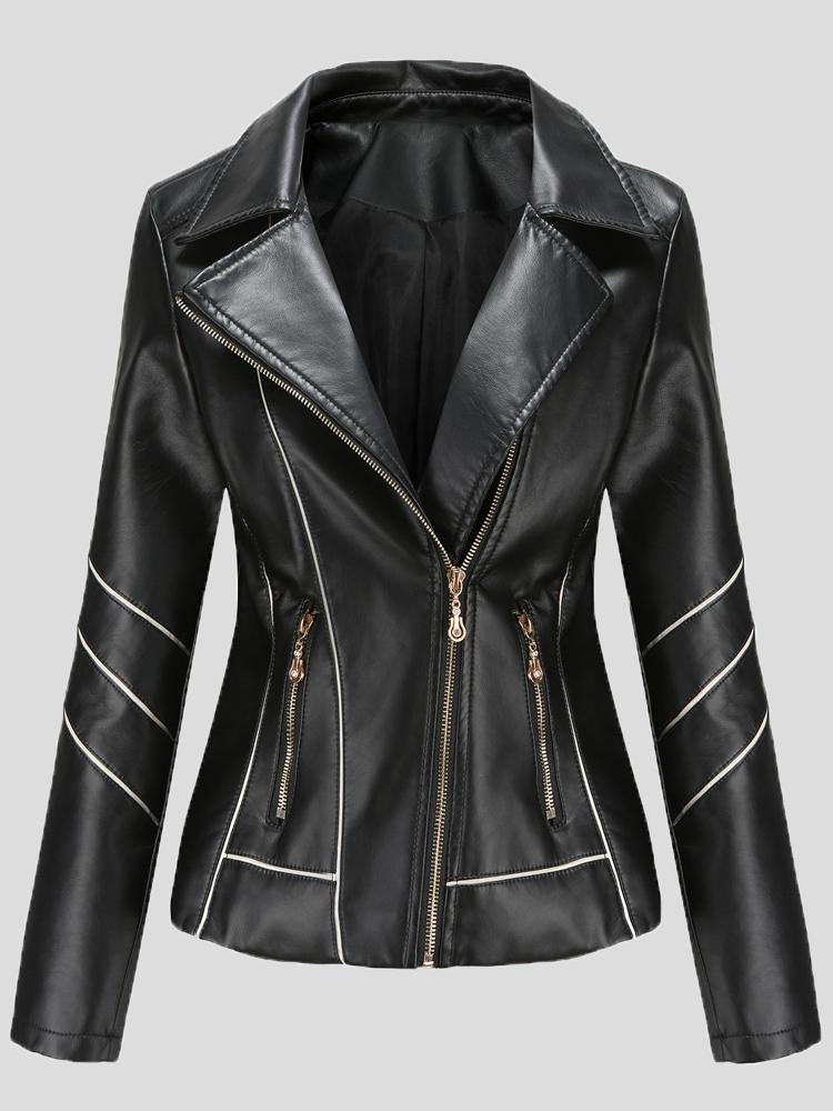 Women's Jackets Zipper Long Sleeve PU Motorcycle Jacket - Coats & Jackets - INS | Online Fashion Free Shipping Clothing, Dresses, Tops, Shoes - 28/10/2021 - Coats & Jackets - color-black