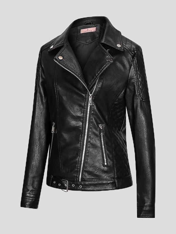 Women's Jackets Zipper Pu Long Sleeve Lapel Slim Fit Leather Jacket - Coats & Jackets - INS | Online Fashion Free Shipping Clothing, Dresses, Tops, Shoes - 27/08/2021 - Coats & Jackets - color-black