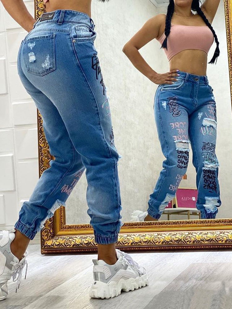 Women's Jeans Casual Alphabet Print Shredded Bungee Jeans - Jeans - Instastyled | Online Fashion Free Shipping Clothing, Dresses, Tops, Shoes - 18/01/2022 - Bottoms - color-blue