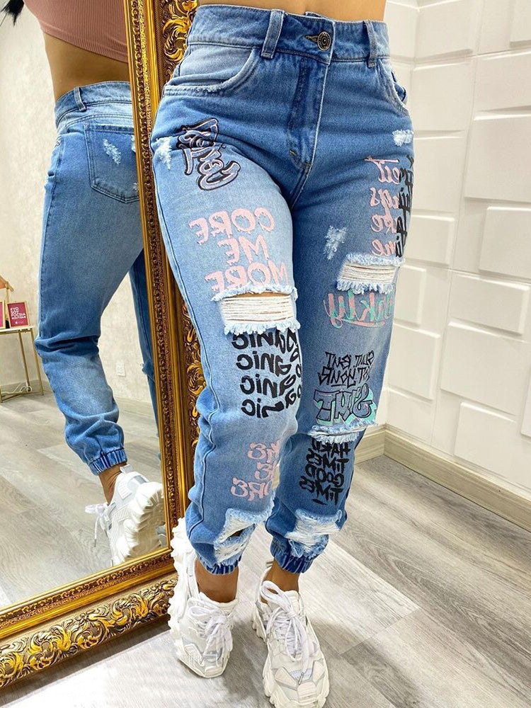 Women's Jeans Casual Alphabet Print Shredded Bungee Jeans - Jeans - Instastyled | Online Fashion Free Shipping Clothing, Dresses, Tops, Shoes - 18/01/2022 - Bottoms - color-blue