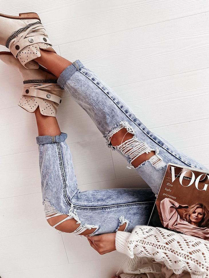 Women's Jeans Casual Washed Mid-Rise Ripped Straight-Leg Jeans - Jeans - INS | Online Fashion Free Shipping Clothing, Dresses, Tops, Shoes - 30/09/2021 - Bottom - Color_Blue